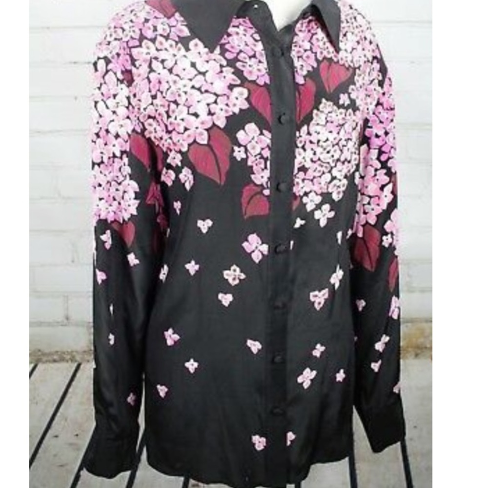 Bob Mackie Blouse 100% Silk Vintage Top Pink Blossom Long Sleeve Black Beads